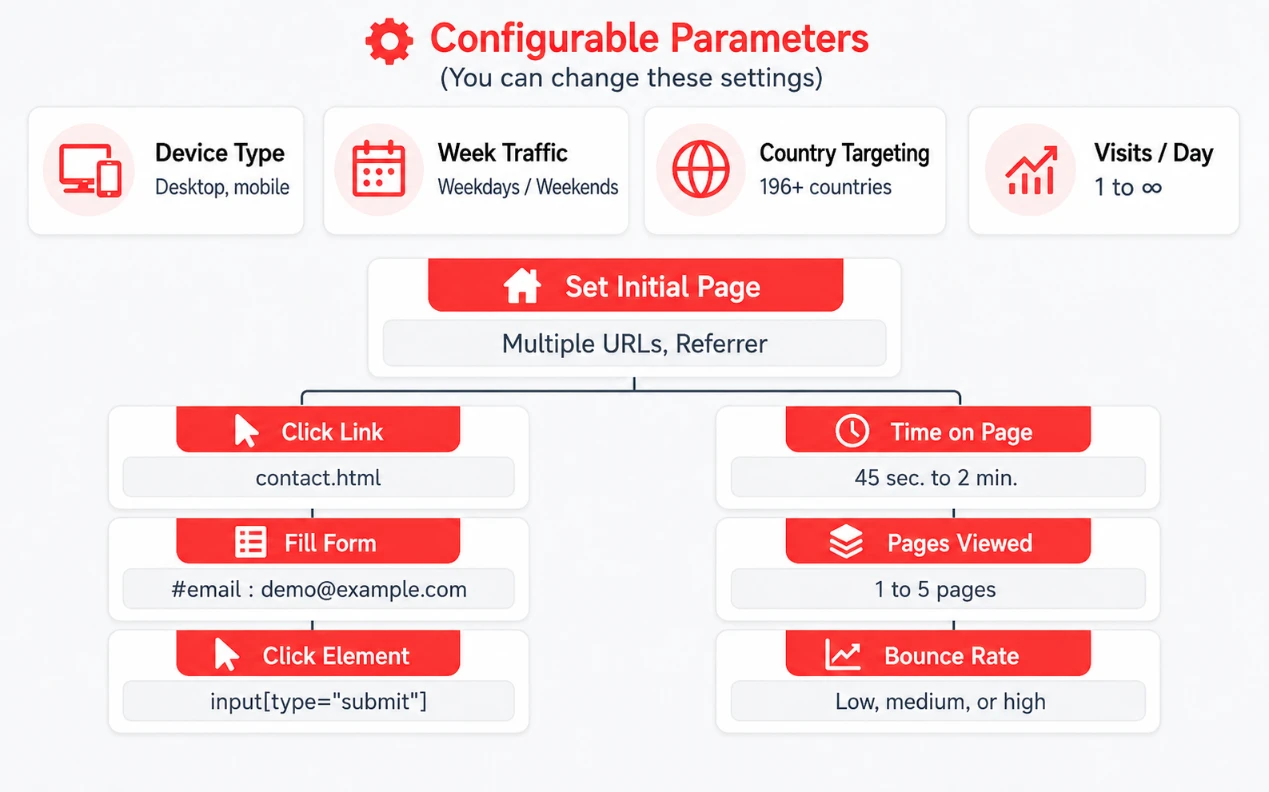 Choose country, device, source, and on-site behavior